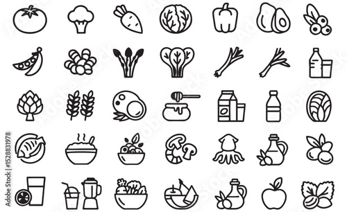  Food and Grocery Icons Vector, Vegetables, Fruit, Organic, Farming, Healthy Eating, Market Items, 