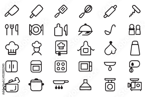 Kitchen and Cooking Icons Vector, Outline Design, Culinary Tools, Chef, Kitchenware, Restaurant, Cooking Equipment,