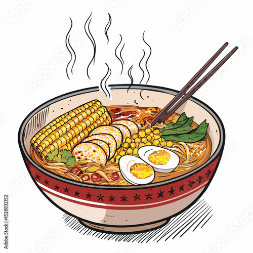 A vibrant photo of a gourmet ramen bowl, food truck style, featuring grilled corn and other delicious toppings.  Show rich textures and appetizing colors.