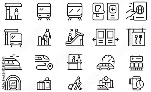 Public Transport and Commute Icons, Bus, Train, Metro, Mobility, Transit System, Urban Travel, Vehicle Vector, 