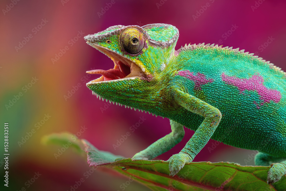 Fototapeta premium Vibrant Panther Chameleon with Open Mouth and Textured Skin on Leaf