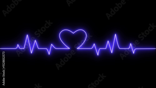 Neon digital heartbeat plus icon. Heartbeat pulse electrocardiogram rhythm on black background.