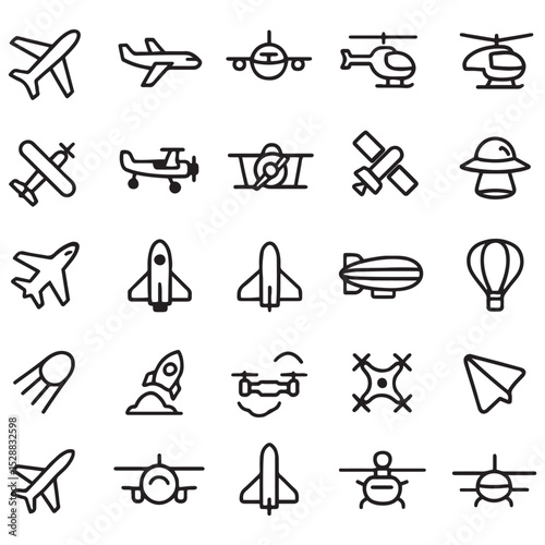 Airplane And Aviation Icons Set, Aircraft, Helicopter, Jet, Flight Symbols, Air Travel Outline Pack, Sky Transport Vector
