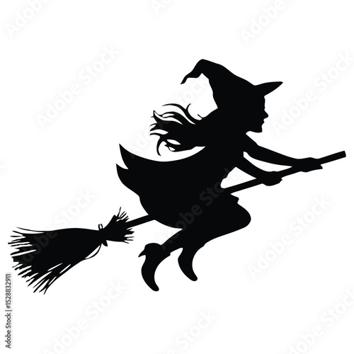 Silhouette of a little witch flying on a broom