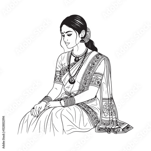 Graceful Indian Lady Wearing Traditional Attire Art & Illustration
