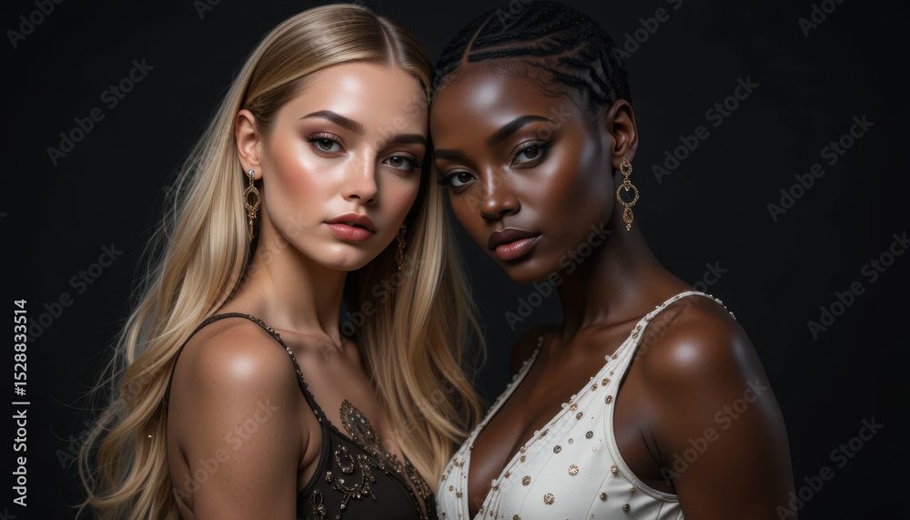 Two models, one blonde and one Black, pose closely together, showcasing their radiant skin and elegant gold earrings against a dark backdrop. Their embellished attire adds to their sophisticated look Two models, one blonde and one Black, pose closely together, showcasing their radiant skin and elegant gold earrings against a dark backdrop. Their embellished attire adds to their sophisticated look