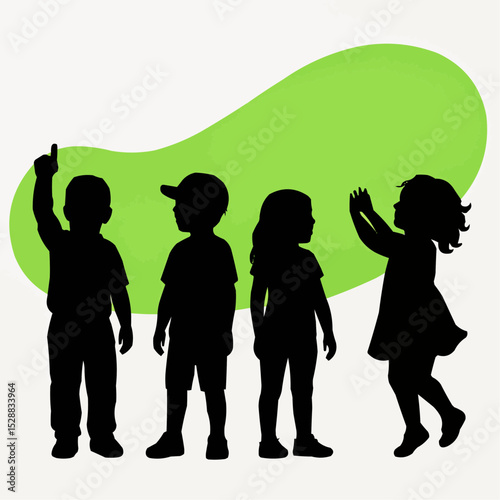 Group of young children in silhouettes over a green background


