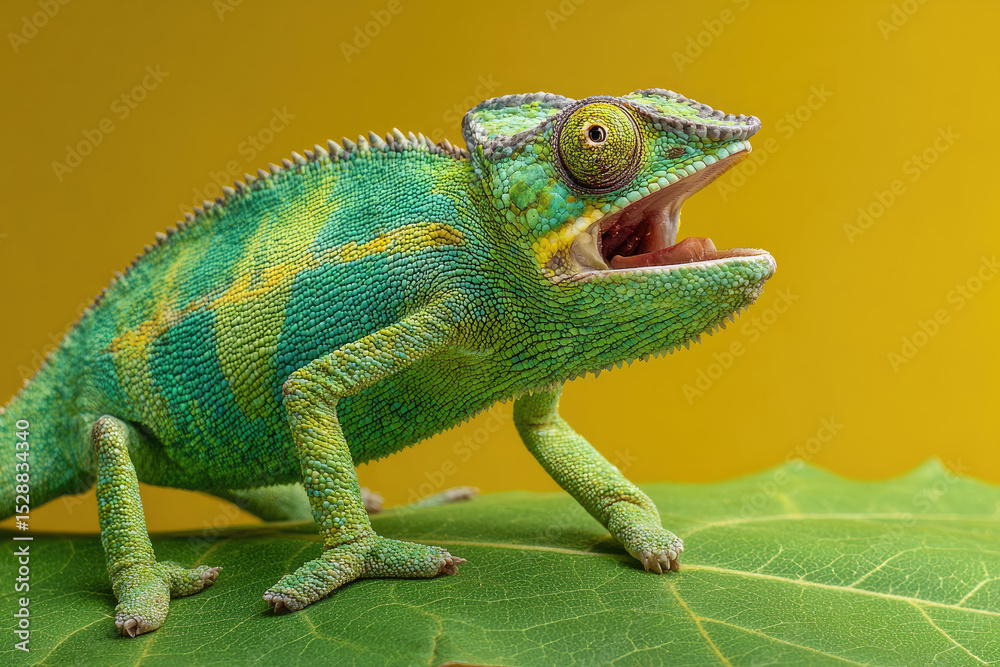 Obraz premium Vivid Green Chameleon with Open Mouth Perched on a Leaf Detailed Closeup