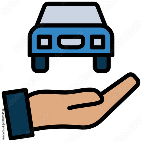 Hand Holding Car Outline Flat Icon, Insurance Outline Flat Design Style Illistration