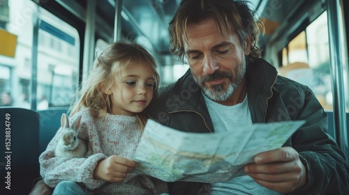 A father and daughter share a moment of adventure on public transport, exploring a map together, showcasing their bonding and eagerness for exploration and discovery.