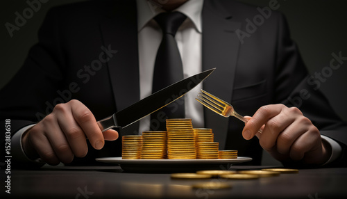 A man in business suit sitting at a dining table served a plate of gold coins, knife and fork in hand, taxes consuming concept