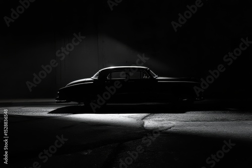 Silhouette of a classic car emerging slowly from the shadows in an urban setting at night, The silhouette of the car slowly emerges from the darkness