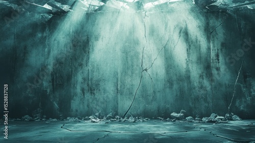 an empty wall in a ruined chamber, showing cracked concrete and scattered debris under beams of light piercing from above