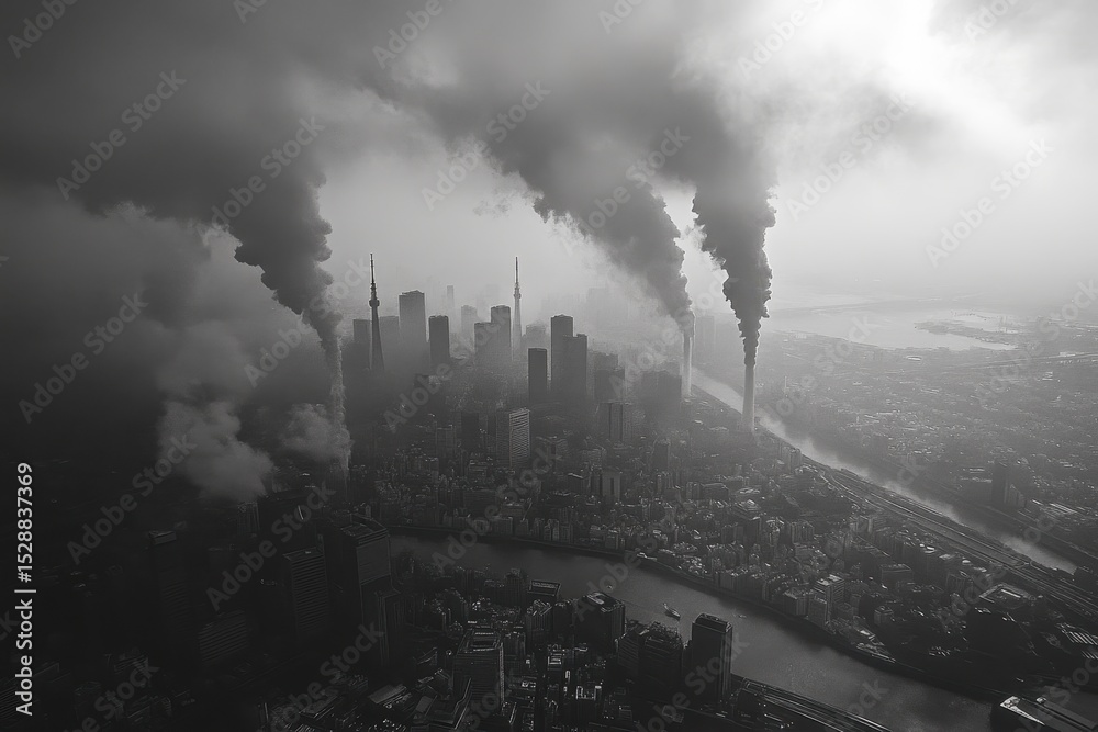 Obraz premium Pollution in aerial view of Tokyo reveals environmental challenges amid urban skyline, Aerial Metropolis Tokyo environmental city air pollution weather