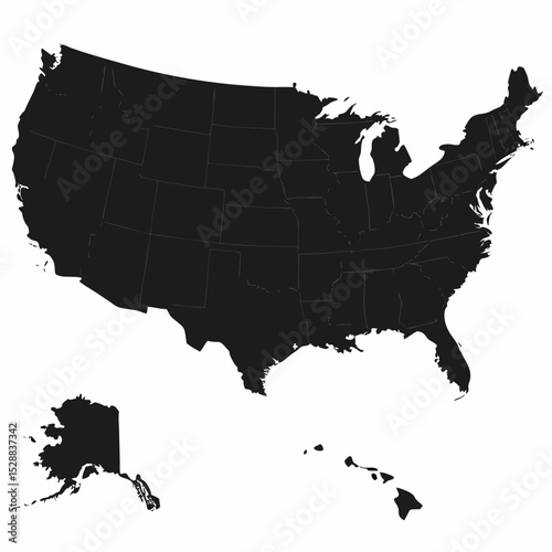 A stark black silhouette of the united states, isolated on white background