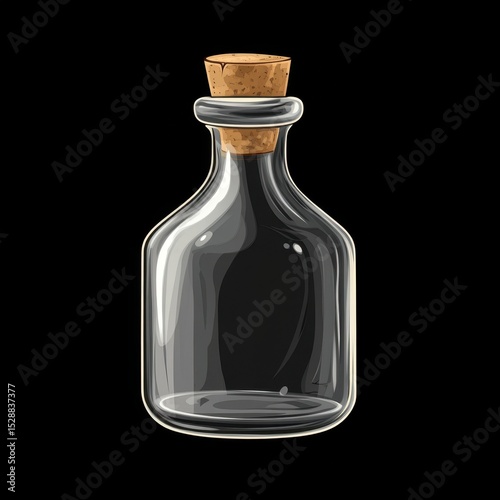 a transparent potion bottle with a cork stopper, glossy highlights and clean glass surface on black background