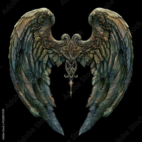 ancient cursed wings, designed with twisted gothic patterns, decayed feathers, and dark mystical elements in a symmetrical shape