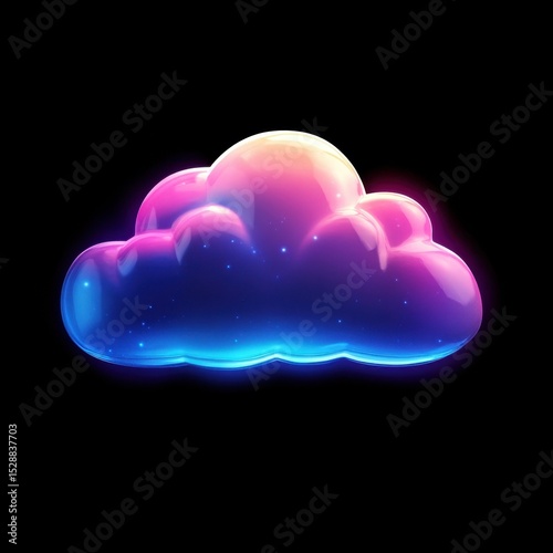 a glowing neon cloud in a glossy pink-blue gradient, softly illuminated with subtle star-like sparkles, floating on a black background