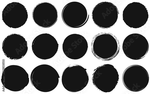 hand drawn circle splashe set round artistic grunge black shape paint dirty ink strokes silhouette vector background element damaged grainy spray paintbrush splat dye abstract