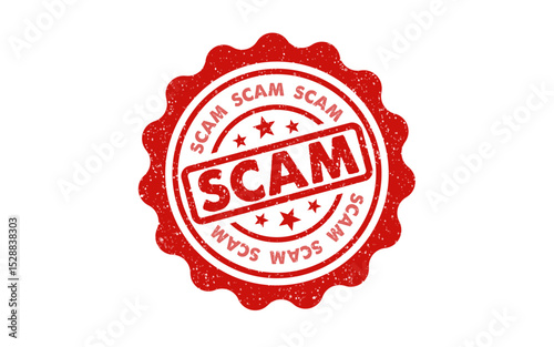 Scam red ink circle round rubber stamp deceit alert fraud illegal unlawful crime sign symbol grunge effect round seal tag badge label