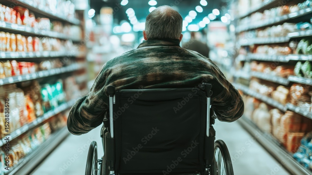 Obraz premium A poignant scene showing a man in a wheelchair navigating through a grocery store aisle, representing inclusivity and the everyday challenges and experiences of disabled individuals in public spaces.