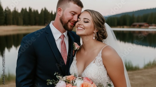 Elegant Union: A radiant couple, embraces a tender moment on their wedding day, surrounded by the serene beauty of nature, where love blossoms.