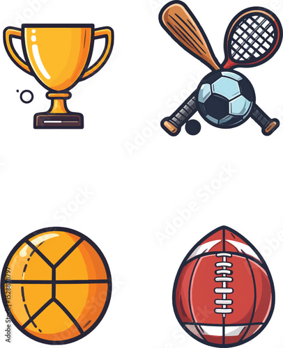 A vibrant set of sports equipment icons illustrates competition with basketball, football, volleyball, tennis, and baseball designs