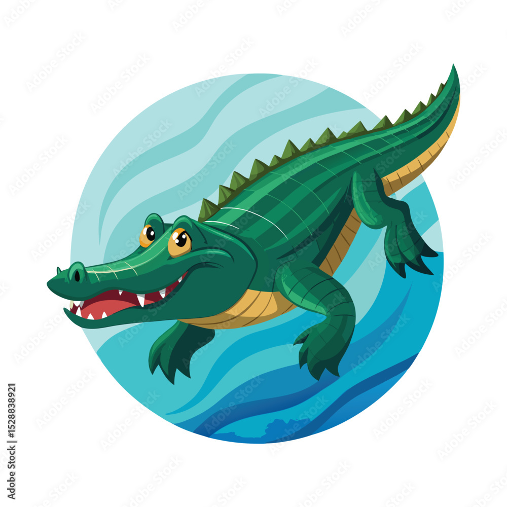 Obraz premium Cartoon alligator swimming in water with a circle background