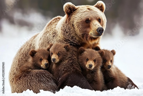 Mother grizzly bear caring for her four cubs in Grand Teton National Park during winter, Mother Grizzly Bear and her four cubs in Grand Teton National Park