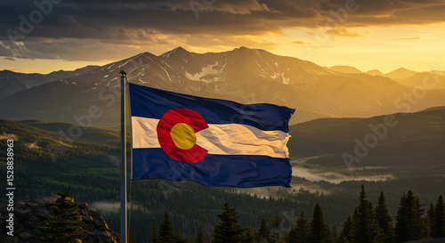 Colorado Day Sunset – State Flag Flying over Majestic Mountain Landscape