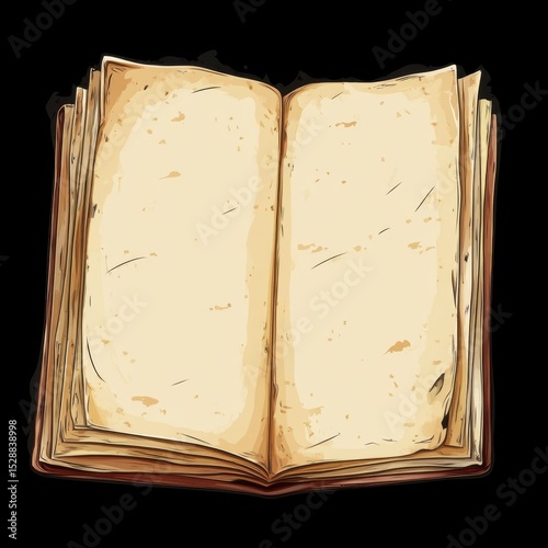 empty page paper in an old vintage open book with worn, aged textures and distressed details on a black background