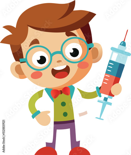 Cartoon boy holding a syringe with red and blue liquid