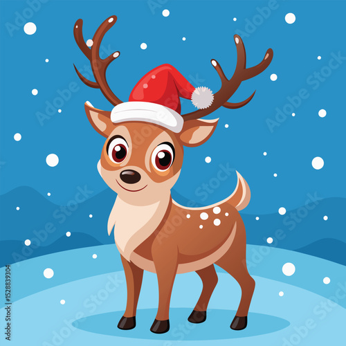 Cartoon reindeer wearing santa hat in snow winter background