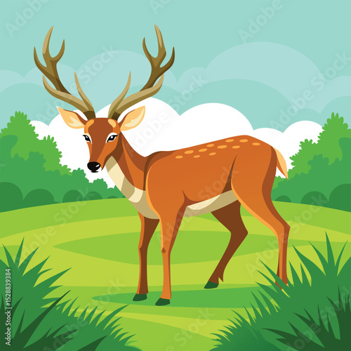 Cartoon illustration of a deer standing in a green field