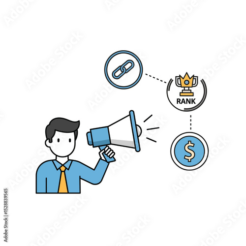 Businessman announcing increased rank and revenue through link building