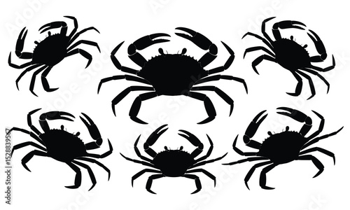 Six black silhouettes of crabs on white background