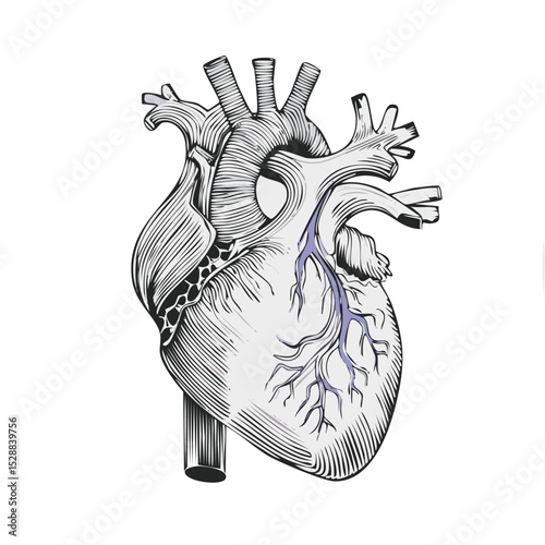 Anatomical Human Heart Engraving With Blue Veins In Vintage Medical Illustration Style For Science And Education

