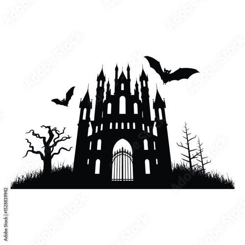 Spooky halloween castle silhouette with bats and dead trees