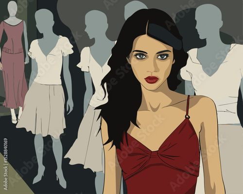 Woman in red dress with mannequins in the background art