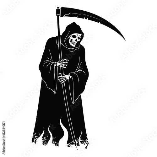 Grim reaper silhouette with scythe and flames