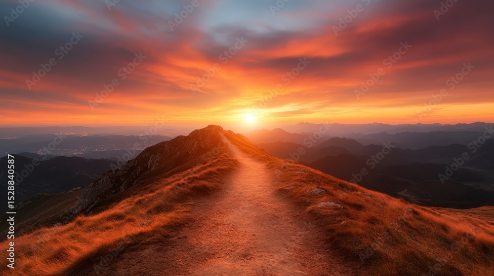 Naklejka premium A stunning sunset beautifully illuminates the sky over a majestic mountain landscape, offering a captivating view that inspires awe and appreciation of the natural world and its serene moments.