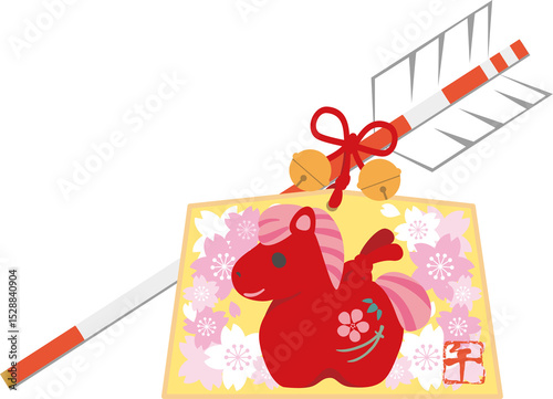 年賀2026　馬　絵馬　破魔矢　土鈴　桜　かわいい　午　午年　干支　正月　飾り　年賀状　イラスト
