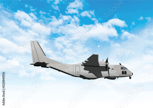 031-05-Turboprop military transport aircraft flying high in the cloudy sky. Hand drawn illustration