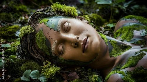 Sleeping woman covered in moss and nature elements