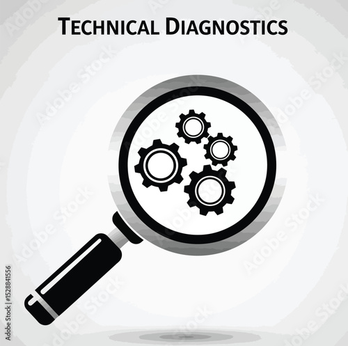 Magnifying glass with gears technical diagnostics illustration