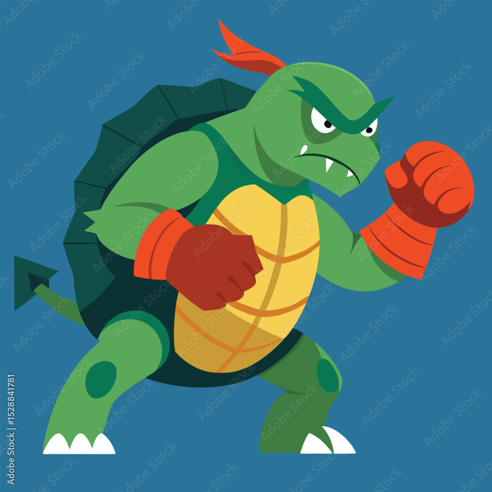 Obraz premium Illustration of an angry green cartoon turtle boxer pose
