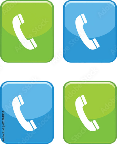 Blue glossy vector phone icon on an internet button for contact and communication