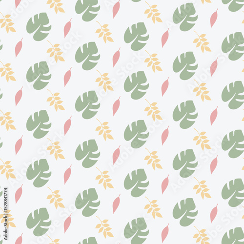 Minimal Seamless Floral Pattern with Green, Pink, and Yellow Leaves on White Background