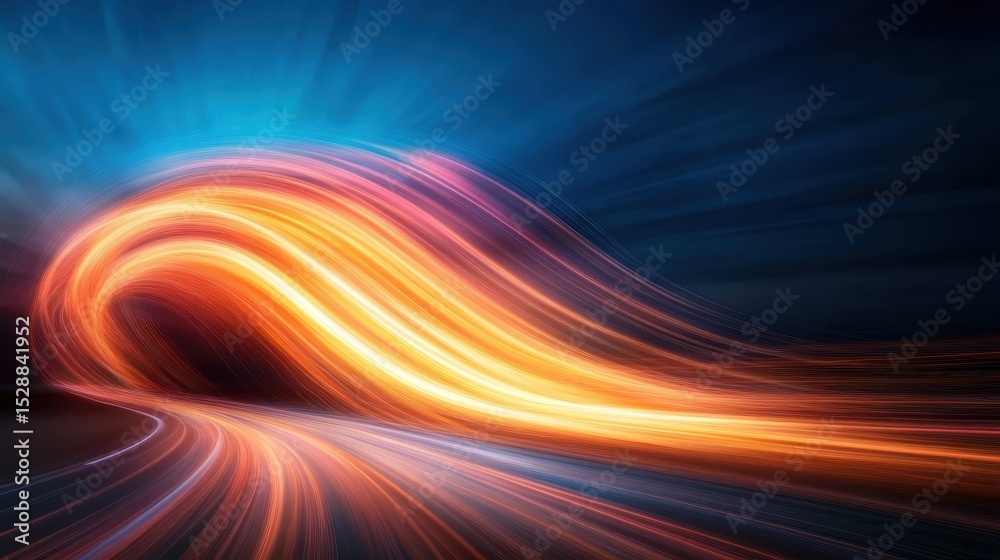 Obraz premium An abstract portrayal of dynamic light trails in vibrant colors evokes a sense of motion and energy, symbolizing change and innovation in a visually striking manner.