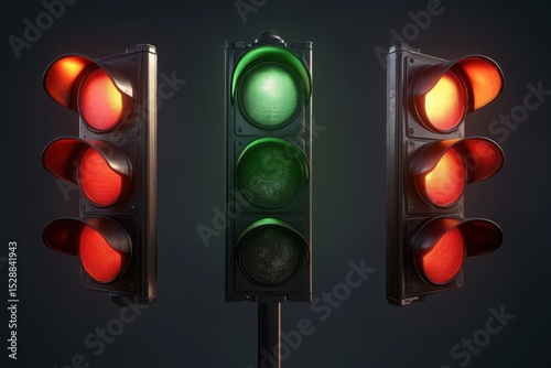 Traffic light semaphore transitions from red to green in a busy urban setting during early evening hours, Traffic light semaphore changing from red to green